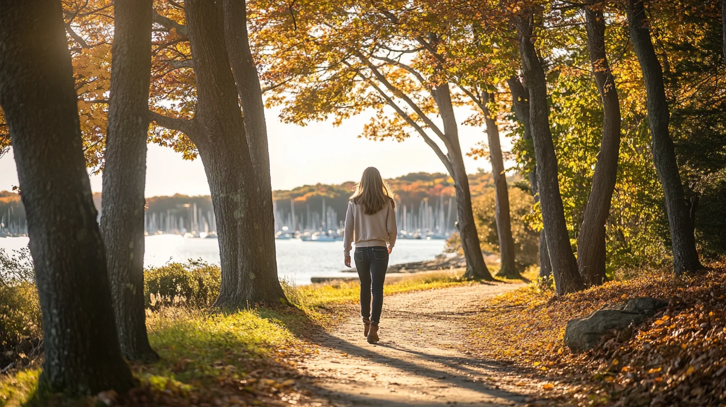 Hingham High School senior portrait at World's End carriage path with harbor views and golden afternoon light across the South Shore