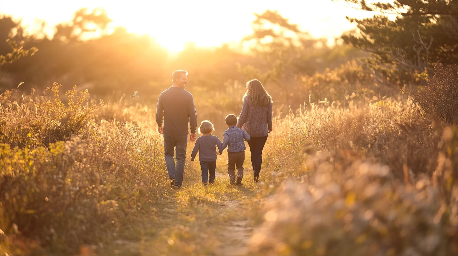 Photographer Chris McCarthy directing a family during an outdoor portrait session at a South Shore Massachusetts park, golden afternoon light filtering through the trees
