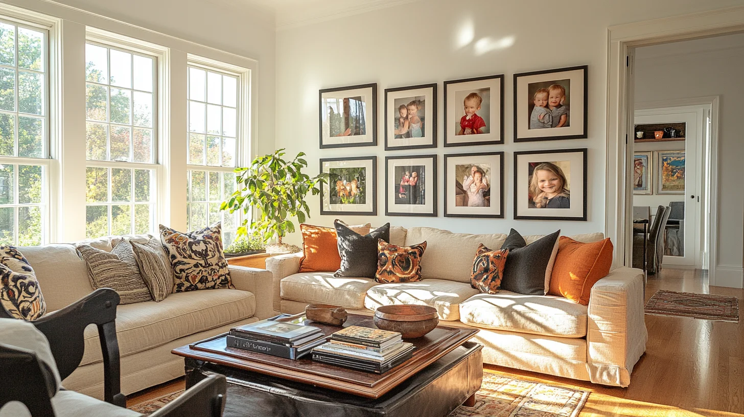 Framed family portrait displayed prominently on a living room wall in a South Shore Massachusetts home, warm natural light illuminating the image