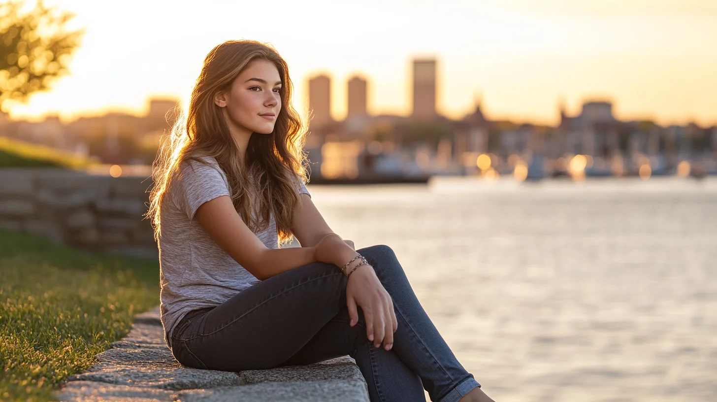 Hull High School senior portrait at Nantasket Beach with golden hour light across Boston Harbor, the harbor islands visible on the horizon and warm backlight on the subject