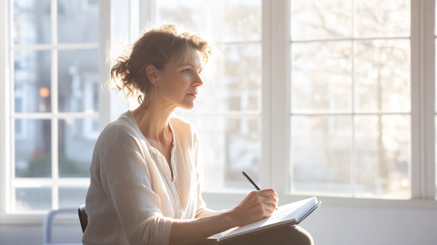 Indoor portrait session with warm window light at a South Shore Massachusetts studio, subject seated near large north-facing windows