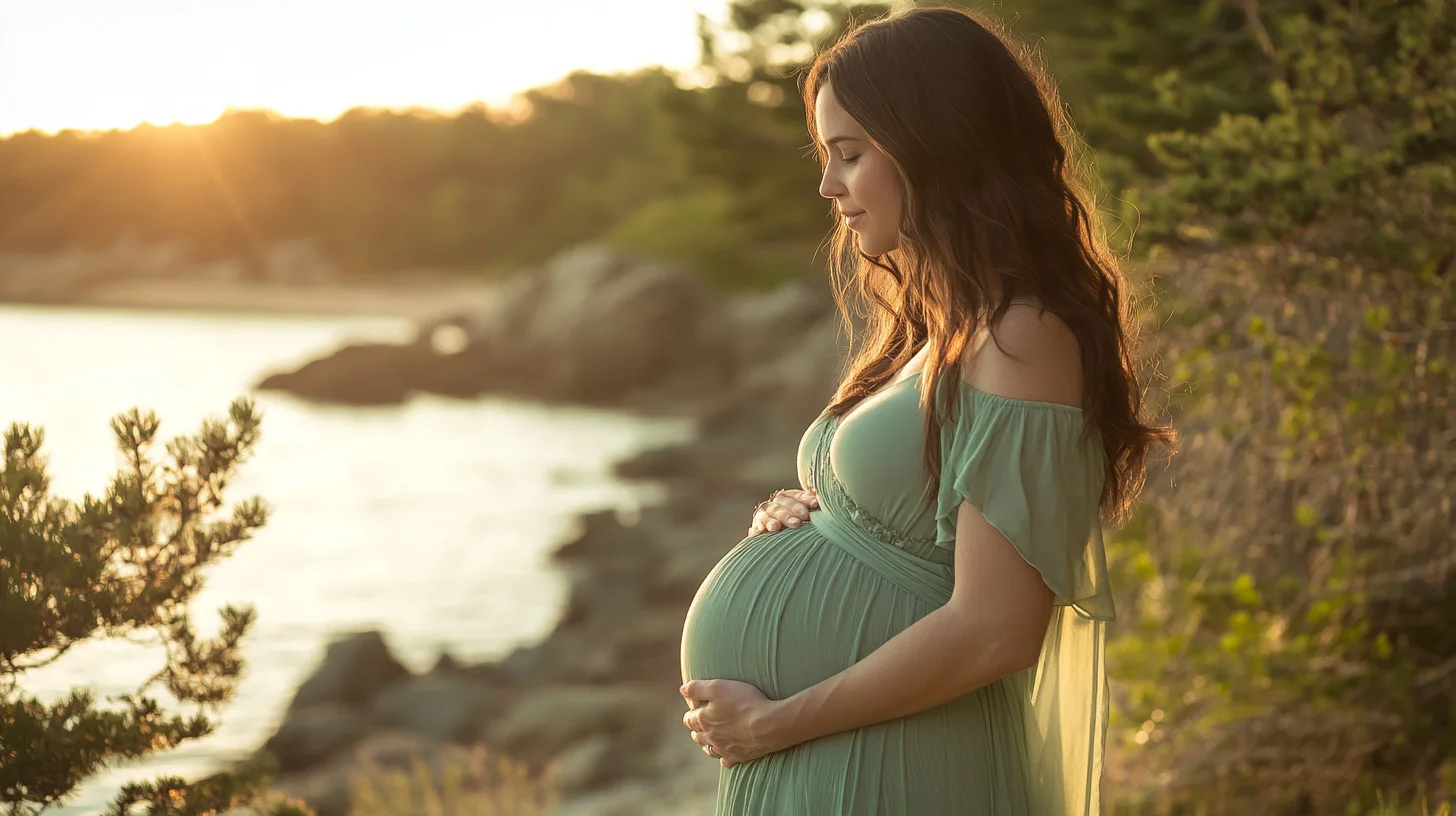 Expecting mother in a flowing gown standing at Sandy Beach in Cohasset, Massachusetts, with the sheltered cove and soft Atlantic light behind her