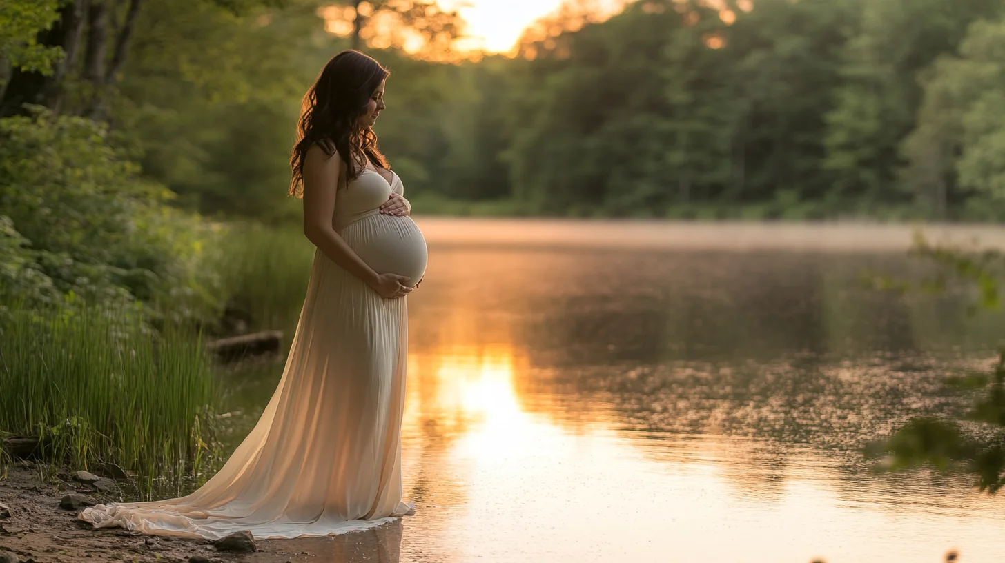 Expectant mother in a flowing blush gown standing at the edge of Forge Pond in Hanover, Massachusetts at golden hour, warm sunset light reflecting on still water