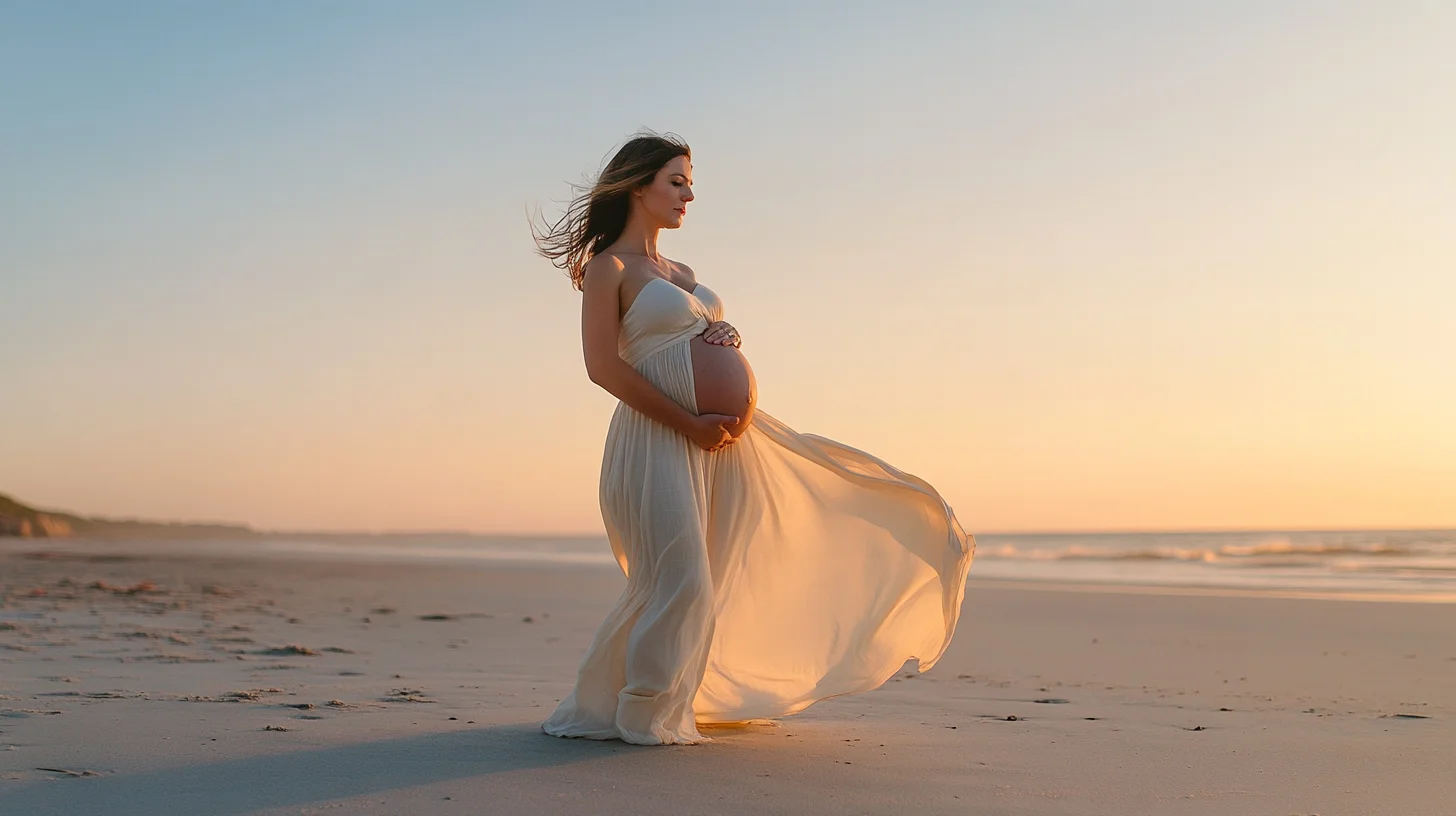 Expecting mother in a flowing gown standing at Nantasket Beach in Hull, Massachusetts, soft golden Atlantic light and ocean breeze behind her
