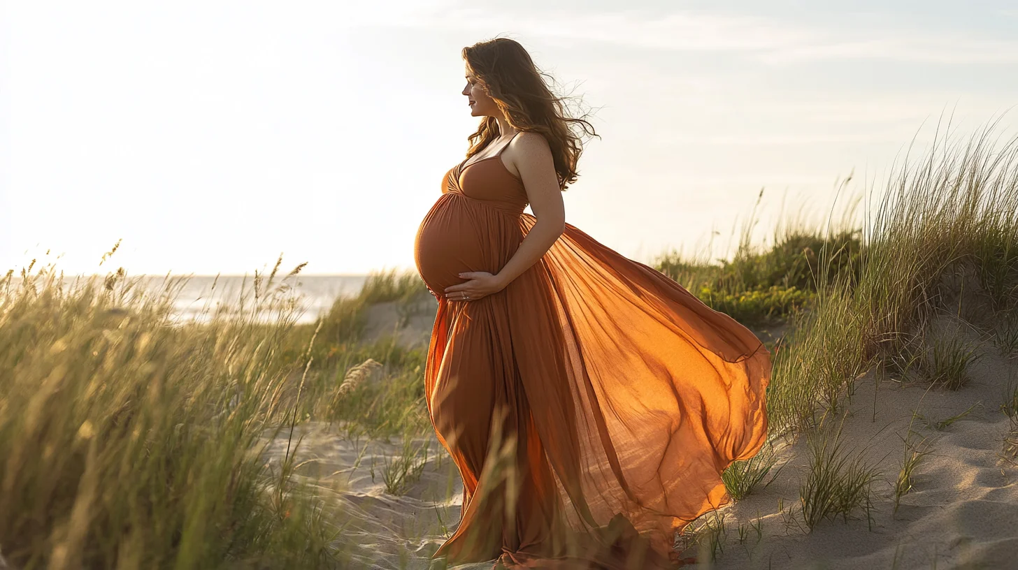 Expectant mother in a flowing cream gown standing in dune grass at Rexhame Beach in Marshfield, Massachusetts, with warm golden light over the Atlantic