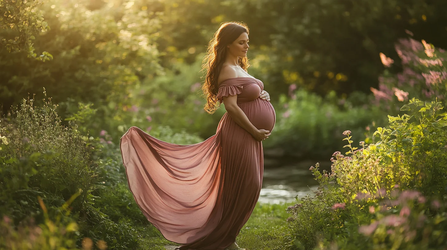 Expecting mother in a flowing blush gown standing beside a brook at Brewster Gardens in Plymouth, Massachusetts, soft morning light filtering through lush green foliage overhead