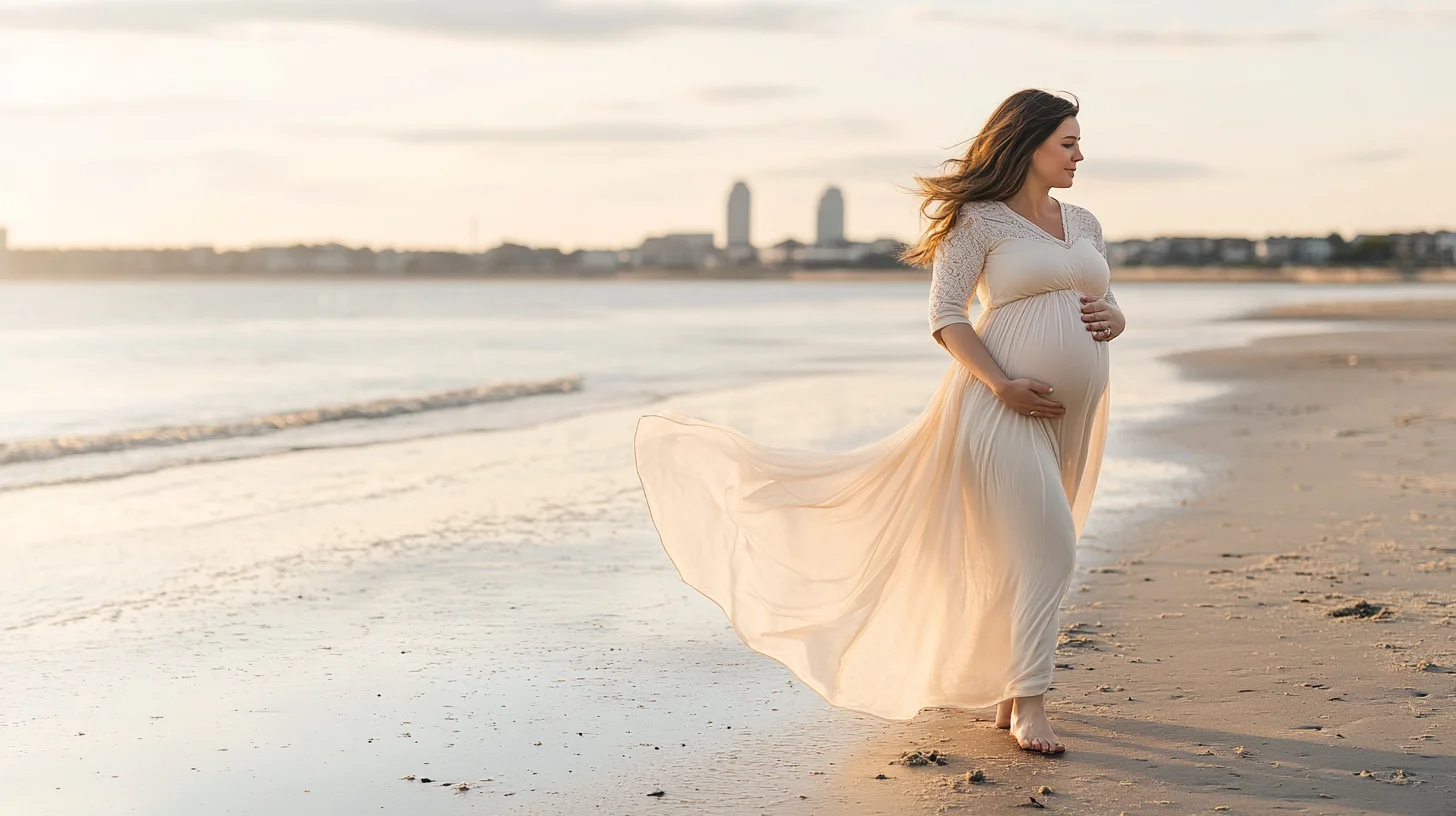 Expecting mother during a maternity portrait session at Wollaston Beach in Quincy, Massachusetts, late afternoon golden hour light across Boston Harbor