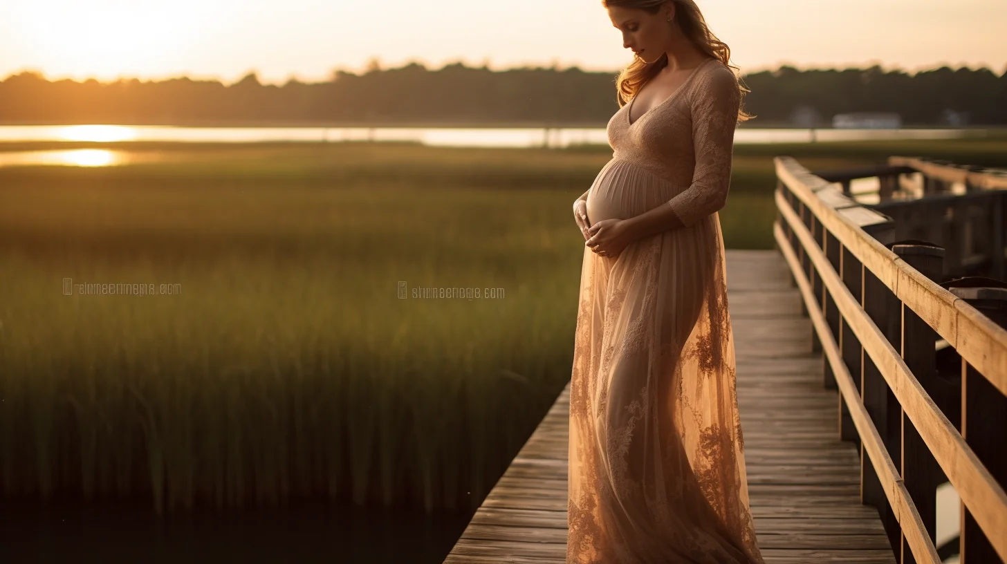 Expecting mother in a flowing blush gown standing at the water's edge at golden hour on the South Shore of Massachusetts, soft light wrapping around her silhouette