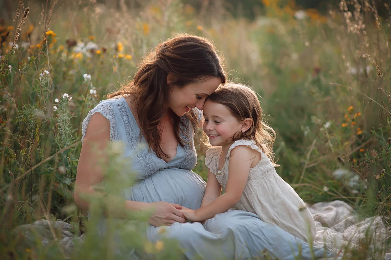 Pregnant mother sitting on a blanket in a summer wildflower meadow, forehead to forehead with her young daughter, their hands joined over the bump