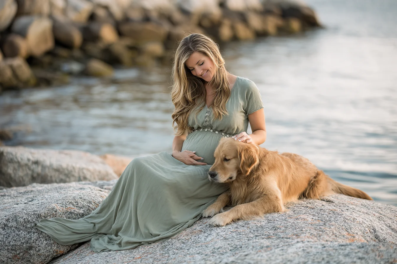 Pregnant woman in a sage green dress sitting on a granite rock by the harbor, one hand on her bump, petting her golden retriever as it lies against her lap