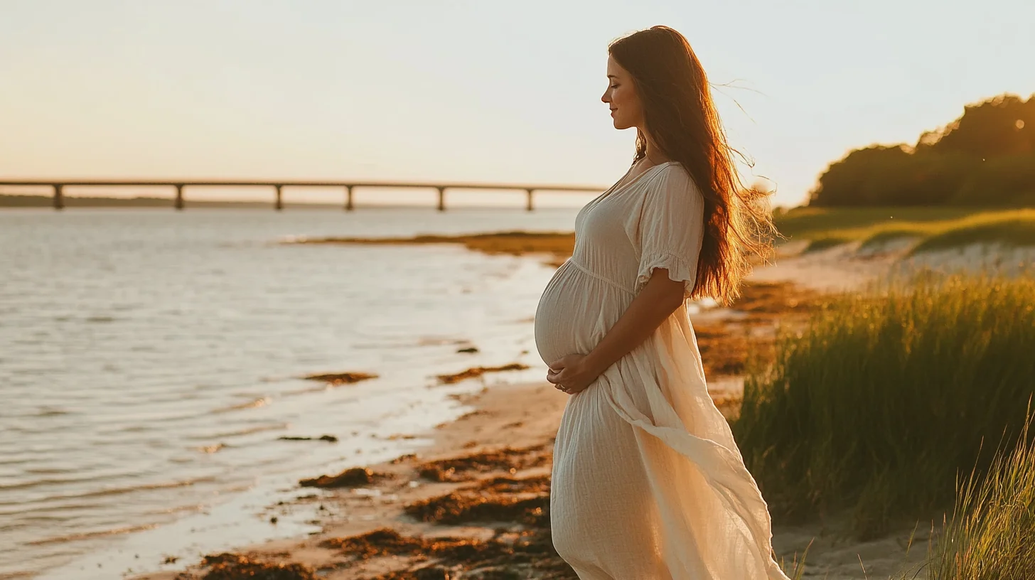Expecting mother standing at the water's edge at Duxbury Beach during golden hour on the South Shore of Massachusetts, warm light reflecting off the ocean