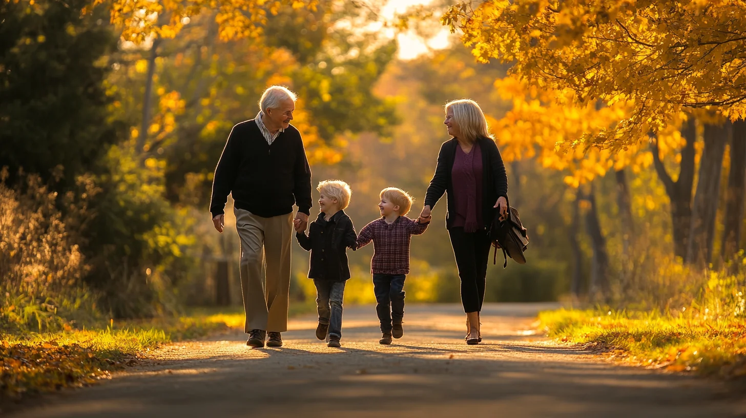 Three generations of a family laughing together outdoors on the South Shore of Massachusetts, grandparents seated with grandchildren gathered around them in warm afternoon light