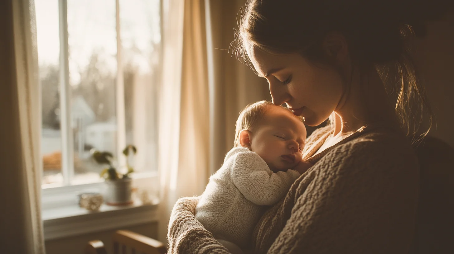 Newborn baby swaddled in a cream wrap sleeping peacefully in soft natural window light during an at-home lifestyle newborn session on the South Shore of Massachusetts