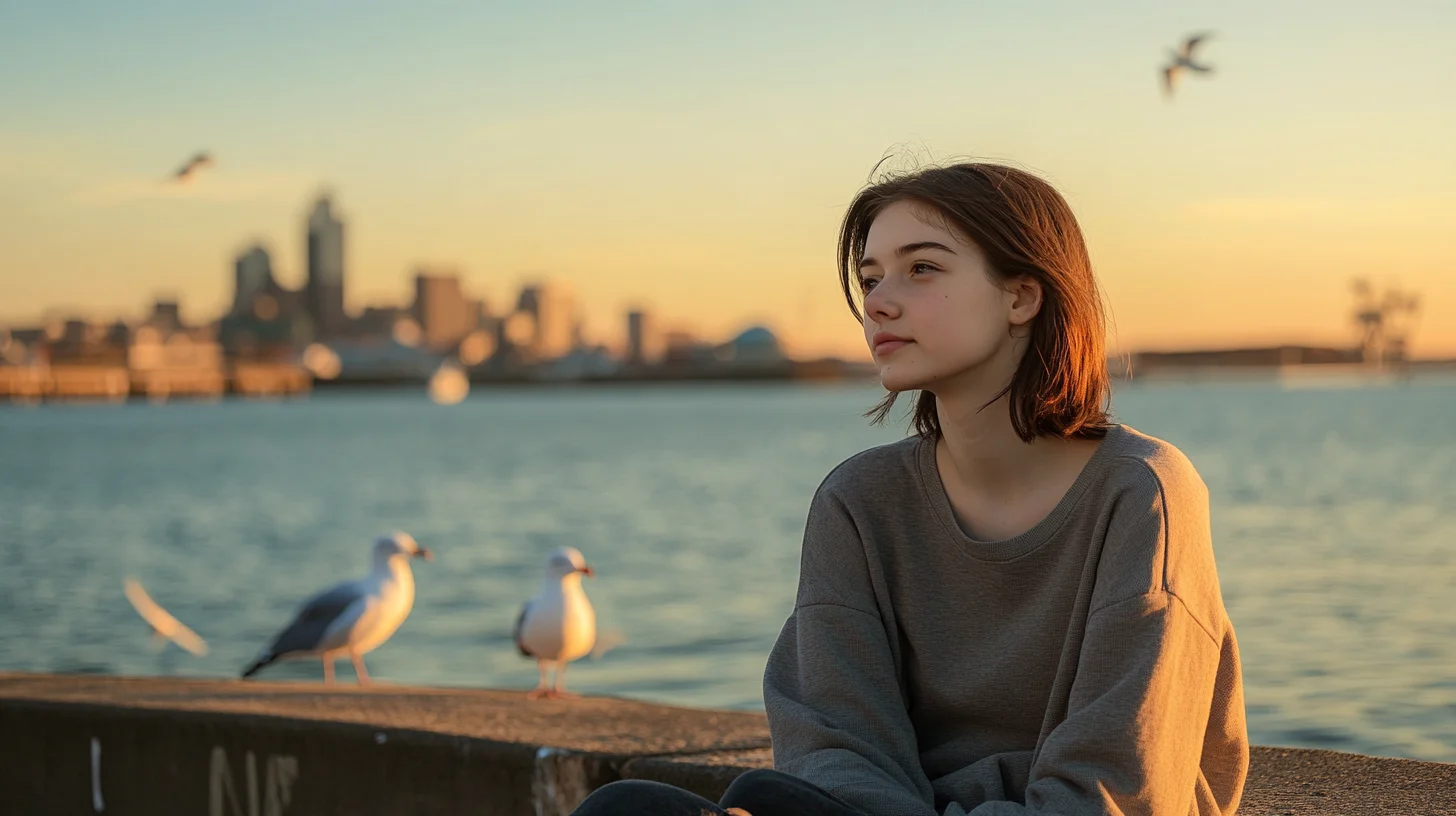 North Quincy High School senior portrait session on the seawall at Wollaston Beach with the Boston skyline across the water at golden hour
