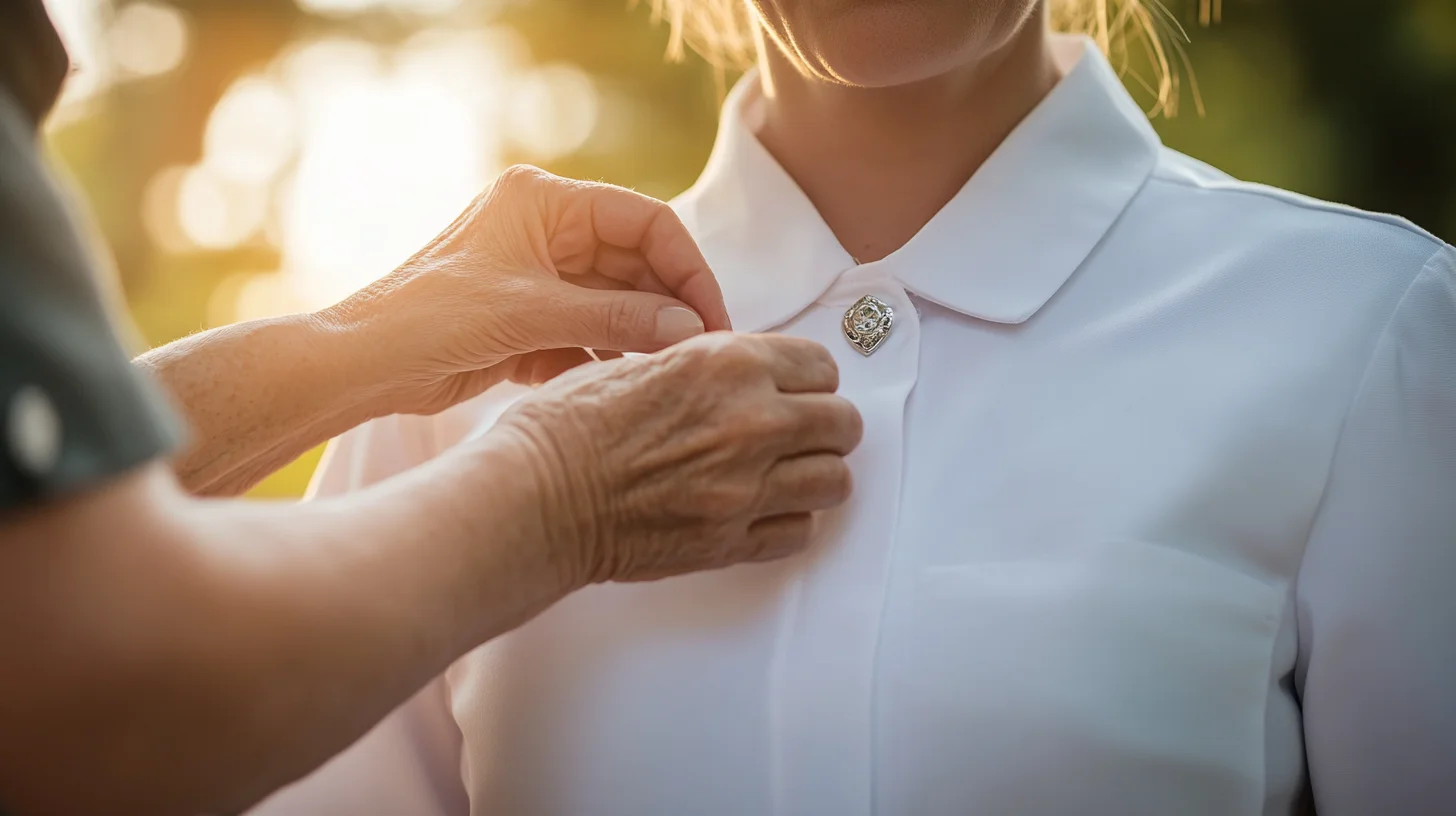 Nursing graduate holding a pinning ceremony pin during a portrait session on the South Shore of Massachusetts