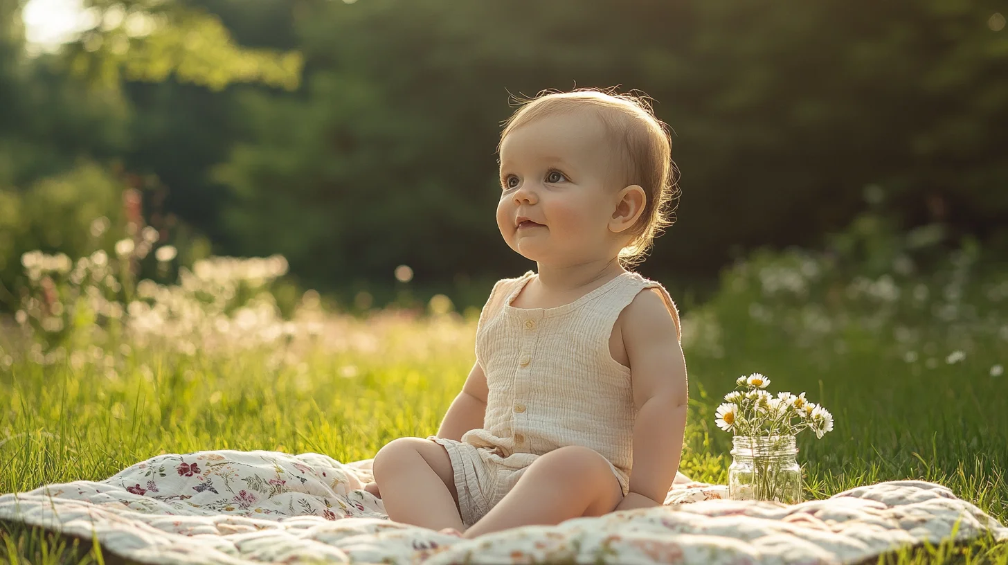 One-year-old child sitting on a quilt in a sunlit South Shore Massachusetts park during an outdoor first birthday photoshoot, soft morning light filtering through trees