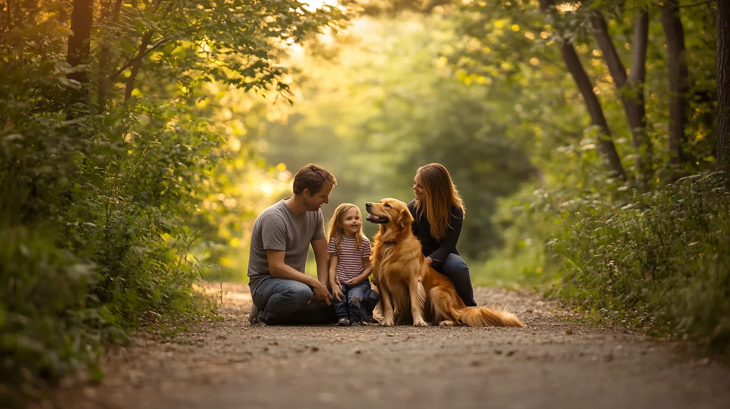 Family laughing with their golden retriever during an outdoor portrait session at a South Shore Massachusetts park, warm natural light filtering through the trees