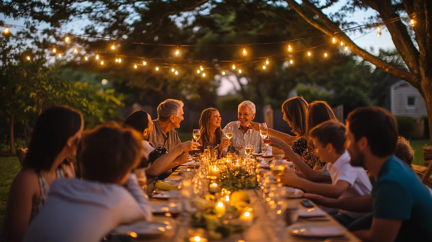 Multiple generations of a family gathered around a celebration table at an outdoor South Shore Massachusetts anniversary event, warm evening light and candles on the table