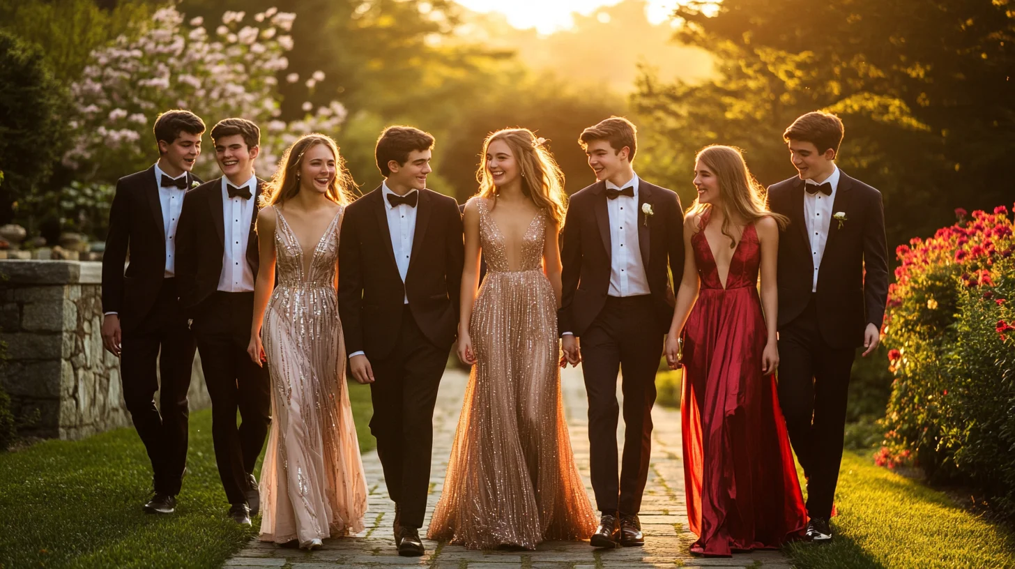 Group of high school students in formal attire posing for prom portraits at a South Shore Massachusetts location with elegant landscaping in the background