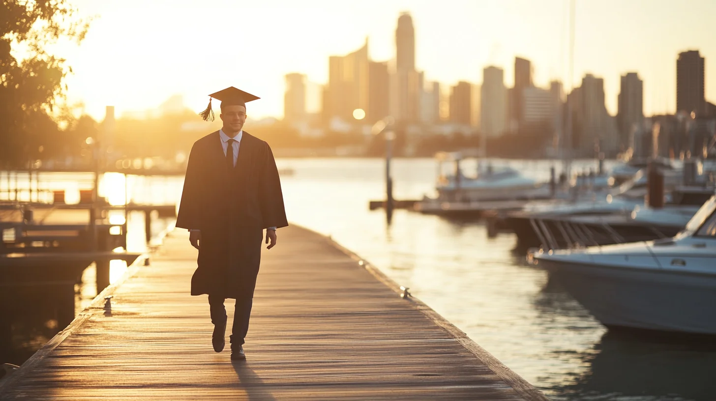 Quincy College graduation portrait session at Wollaston Beach with the Boston skyline across the water