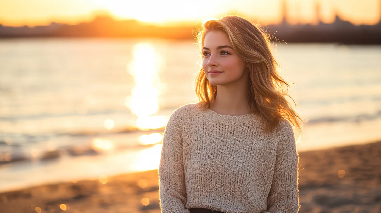 Quincy High School senior portrait at Wollaston Beach with Boston Harbor and golden hour light across the sand