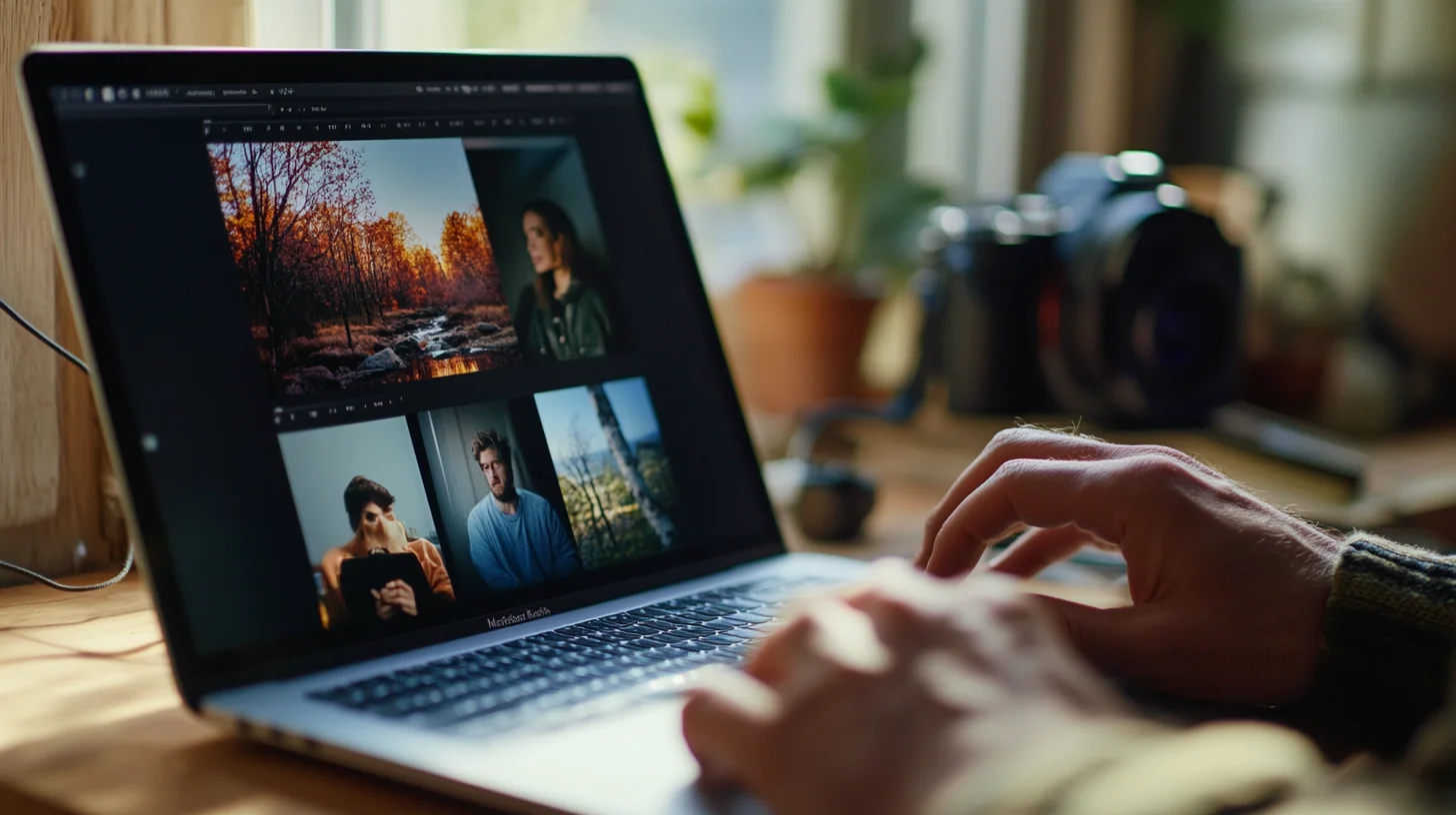 Close-up of a camera memory card next to a laptop showing RAW file thumbnails in Lightroom, representing the choice between RAW and JPEG file formats in portrait photography