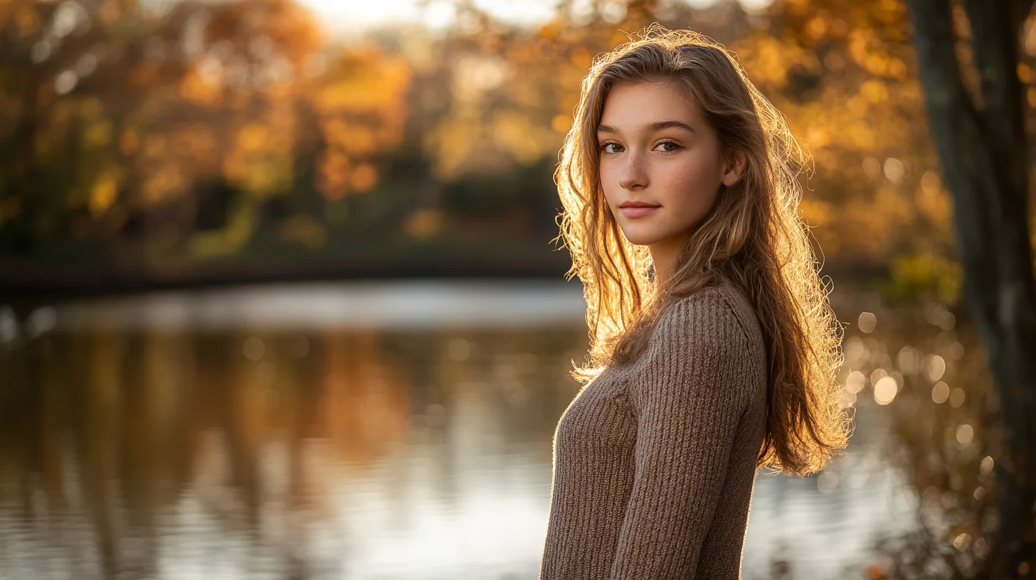 Rockland High School senior portrait session at Reed's Pond Park in Rockland, Massachusetts — soft afternoon light reflecting off the water during a golden hour session