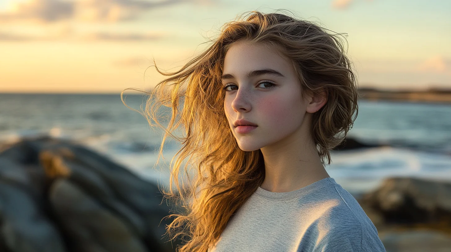 Scituate High School senior portrait at Scituate Lighthouse on the rocky Massachusetts coastline, warm golden light hitting the white tower