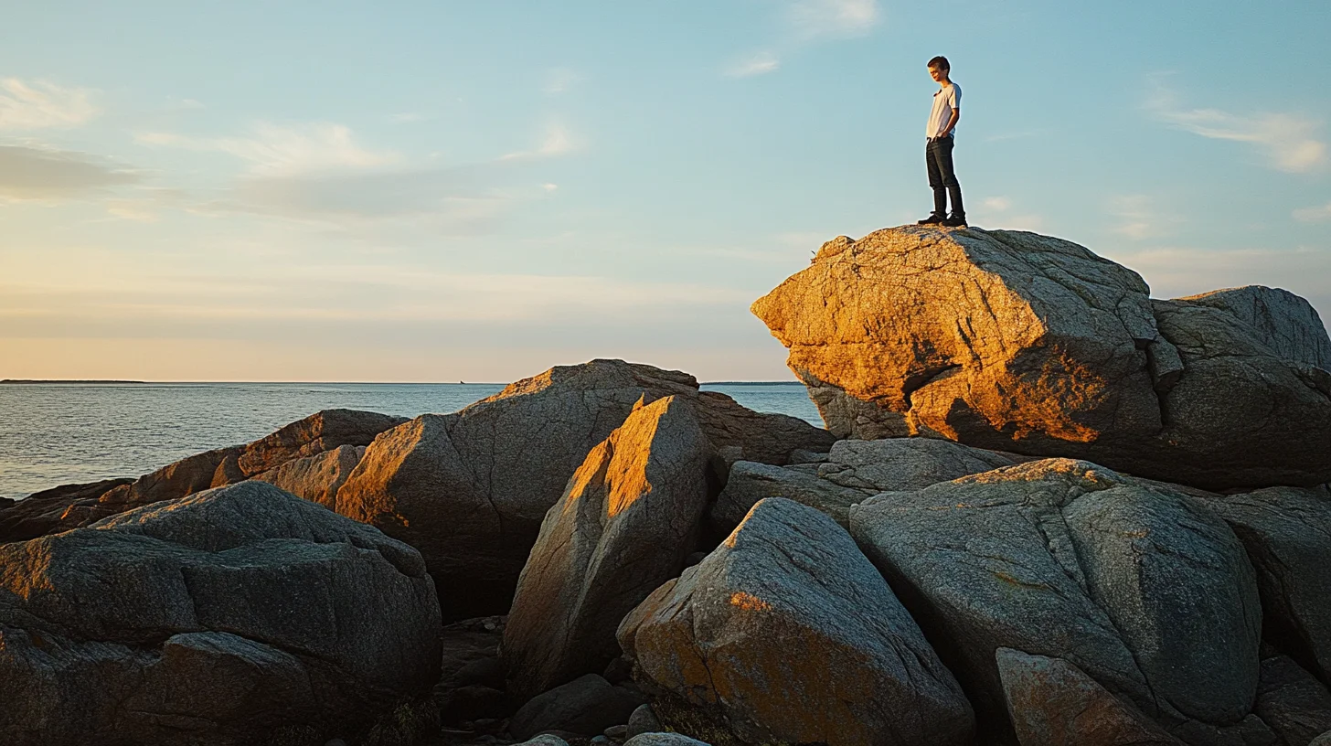 Senior portrait session on the granite shoreline at Sandy Beach in Cohasset, Massachusetts, with warm golden hour light backlighting the subject against the ocean