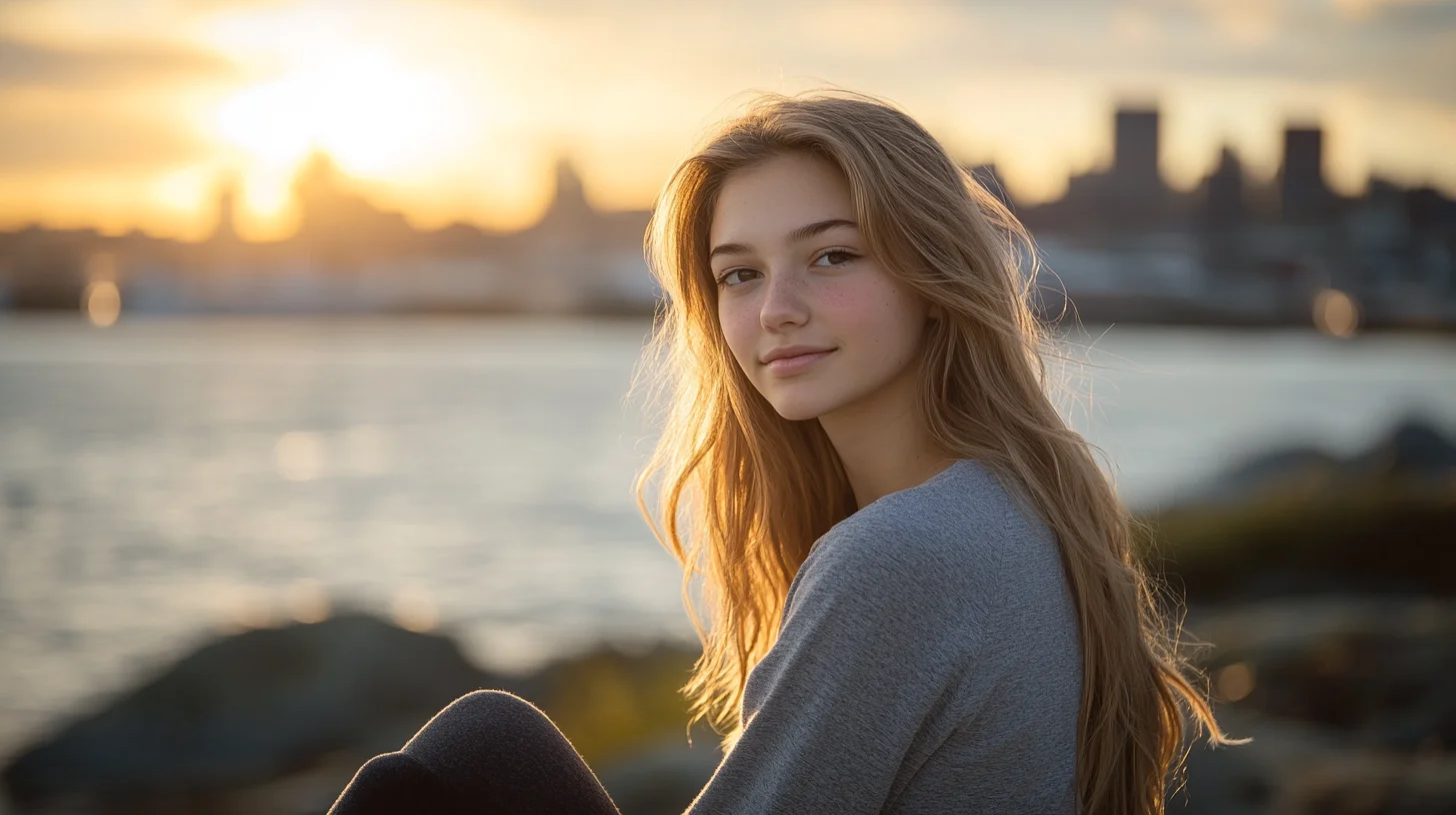High school senior at Pemberton Point in Hull, Massachusetts — Boston Harbor and city skyline visible across the water at golden hour, warm directional light, editorial portrait