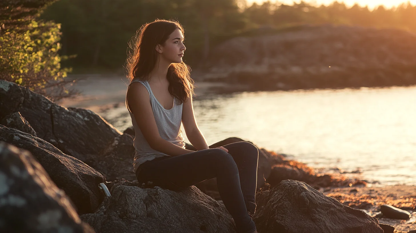 Senior portrait at Kingston Beach on the South Shore of Massachusetts with golden hour light reflecting across Kingston Bay in late afternoon