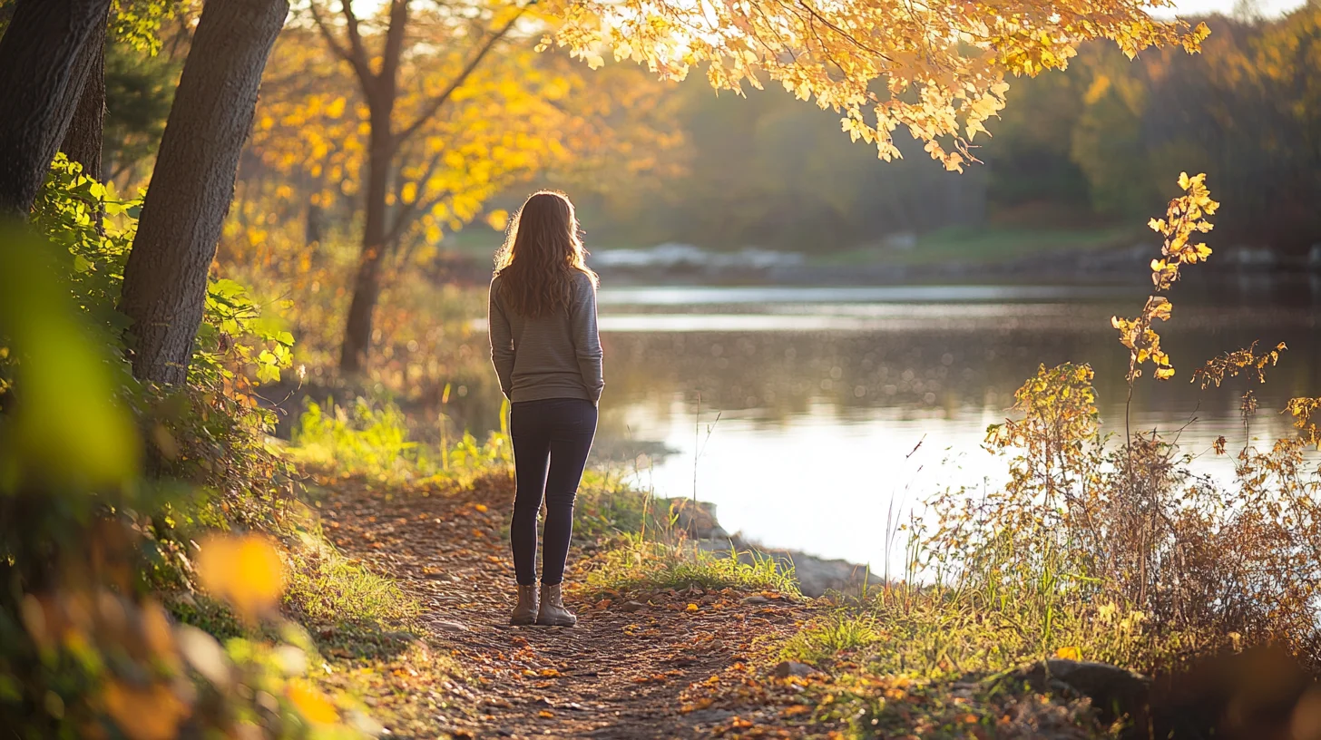 Senior portrait along a wooded Indian Head River trail in Pembroke, Massachusetts, golden-hour light filtering through the tree canopy, subject not looking at camera