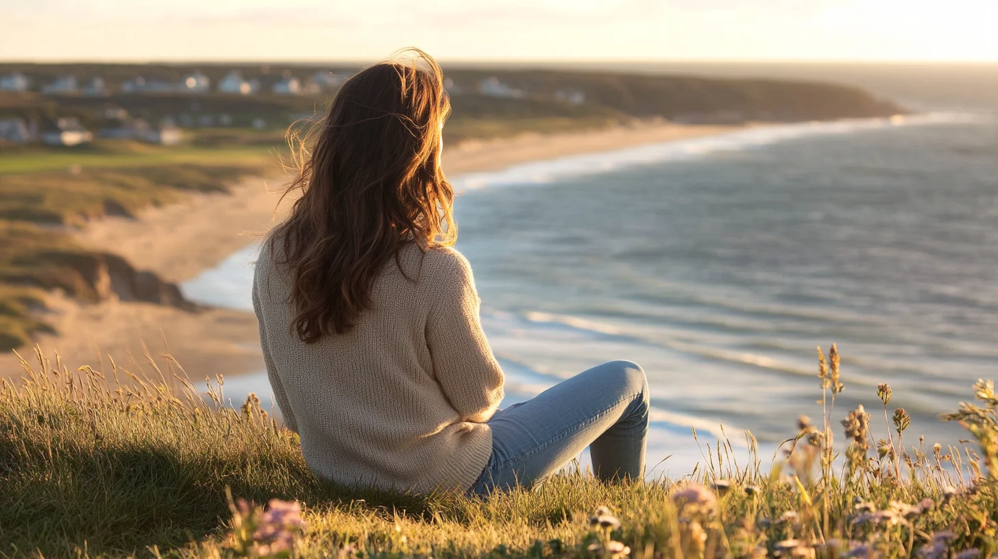High school senior standing at a scenic overlook on the South Shore of Massachusetts during golden hour, with open water and coastline visible in the background