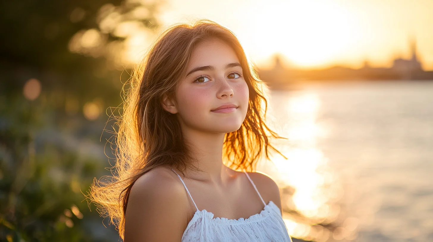 Senior portrait at Webb Memorial State Park in Weymouth MA — golden hour light across Hingham Bay with Boston Harbor in the background
