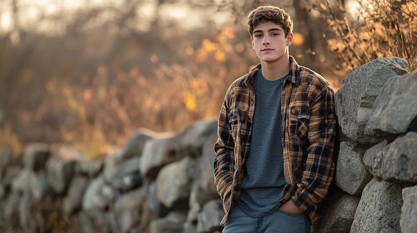 Male high school senior in layered casual outfit at an outdoor South Shore Massachusetts location, standing near a stone wall with natural light