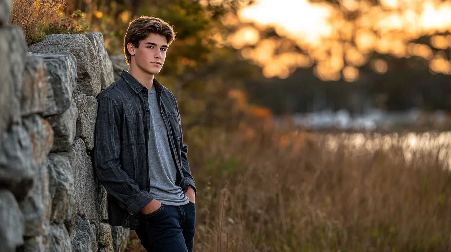 High school senior guy in a relaxed standing pose during an outdoor senior portrait session on the South Shore of Massachusetts at golden hour