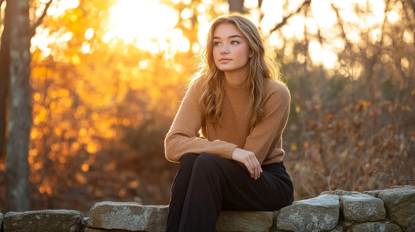 High school senior in a relaxed outdoor pose during a golden hour portrait session on the South Shore of Massachusetts, warm light filtering through coastal trees