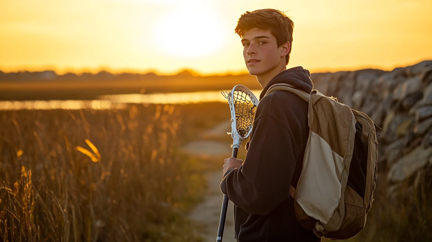High school senior holding a sport-specific prop during a South Shore senior portrait session at golden hour, warm coastal light catching the detail of the equipment