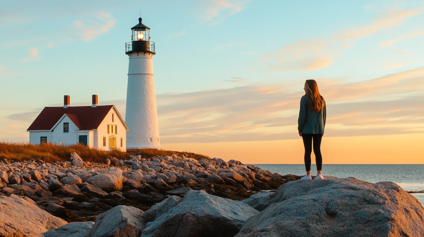 Senior portrait session at Scituate Lighthouse on the South Shore of Massachusetts during golden hour, rocky coastline and white lighthouse tower in the background