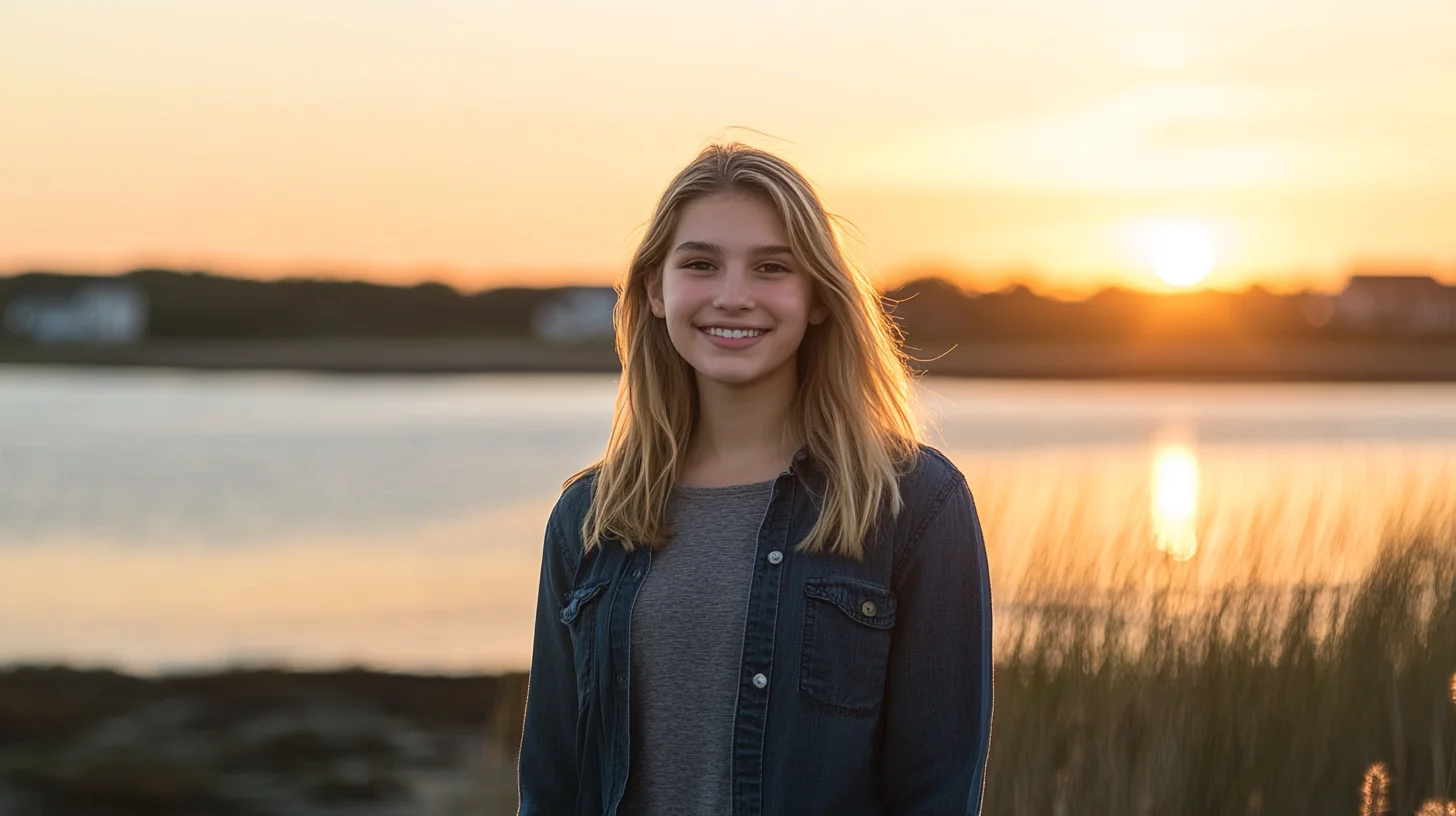 Silver Lake Regional High School senior portrait at Kingston Bay, student standing on the grassy waterfront with Kingston Bay and marsh grass in the background at golden hour