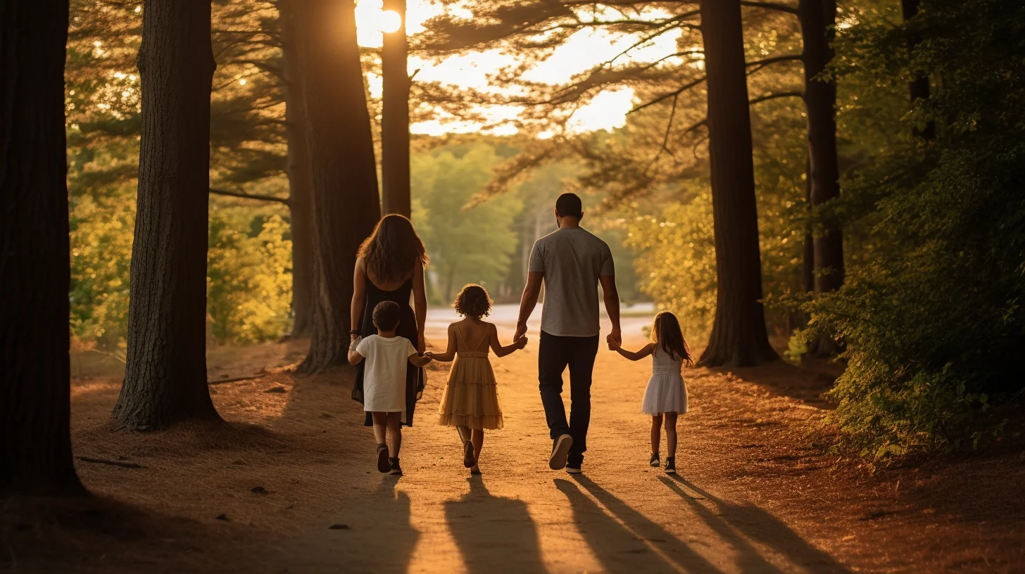 Family of four walking a wooded carriage path at Wompatuck State Park in Hingham, Massachusetts, late afternoon dappled light through tall pines