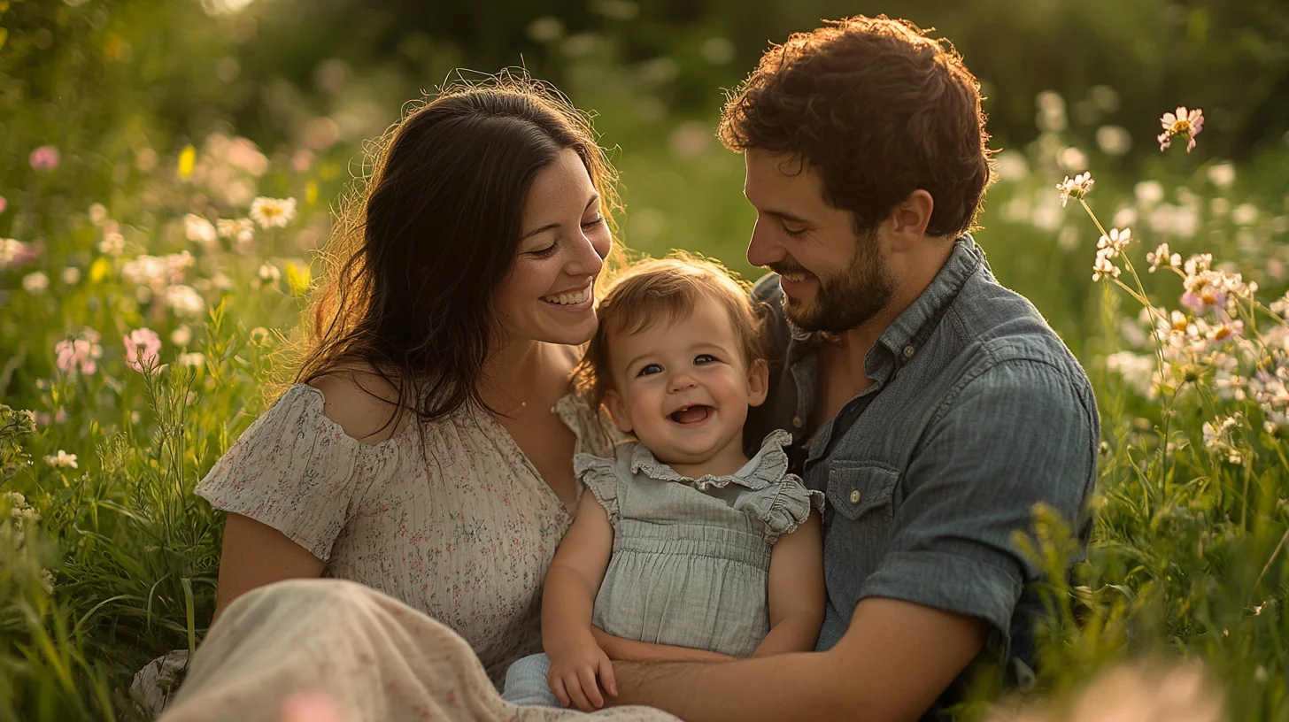 Family posing together in a spring wildflower meadow on the South Shore of Massachusetts, soft morning light, green grass and blossoms in the background