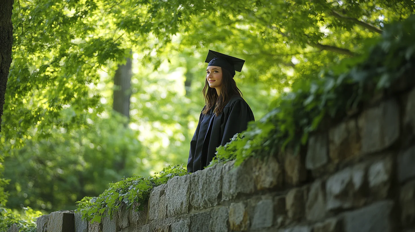 Stonehill College graduate in cap and gown during an outdoor portrait session on the South Shore of Massachusetts