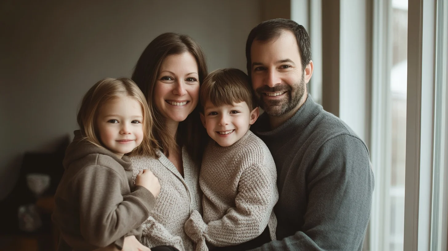 A family of four in coordinated neutral clothing during a studio family portrait session at 83 E Water Street in Rockland, Massachusetts, soft natural window light