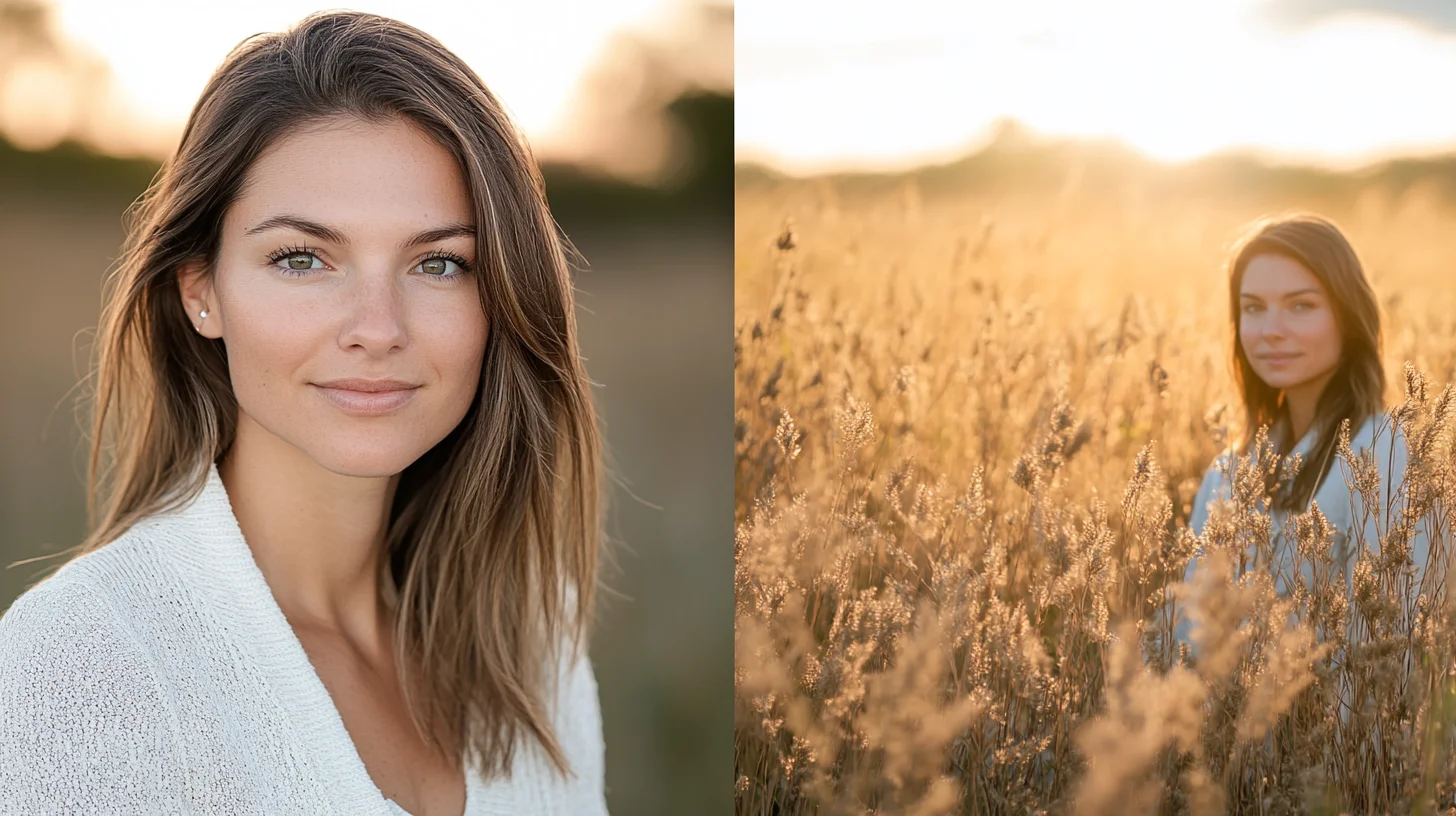 Split scene comparing a clean studio portrait setup and an outdoor golden hour portrait session along the South Shore of Massachusetts coastline