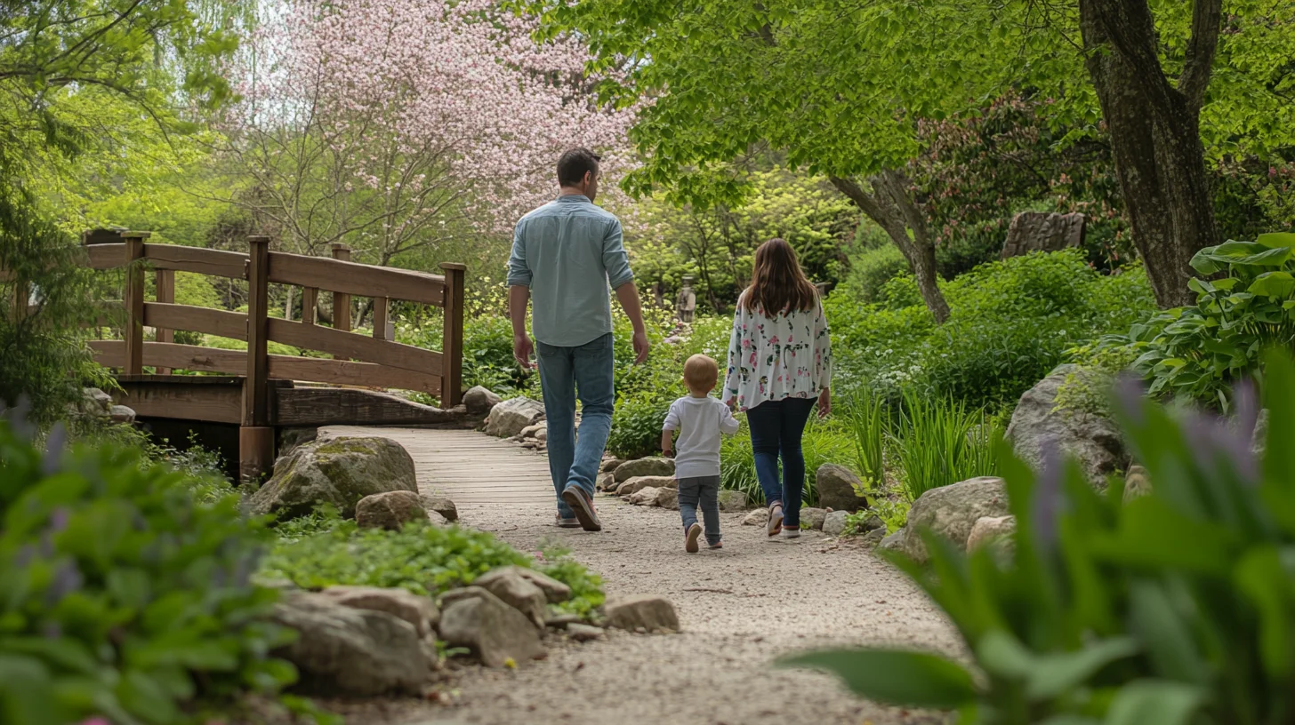 Family with a toddler walking through Brewster Gardens in Plymouth, Massachusetts beside Town Brook