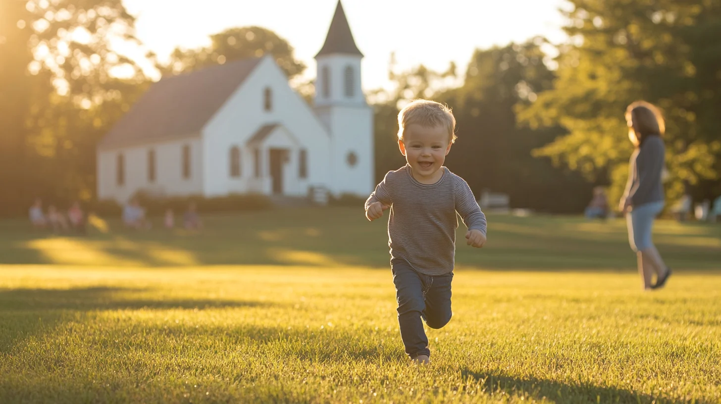 Toddler running across the open lawn at Cohasset Town Common with the historic white church in the background