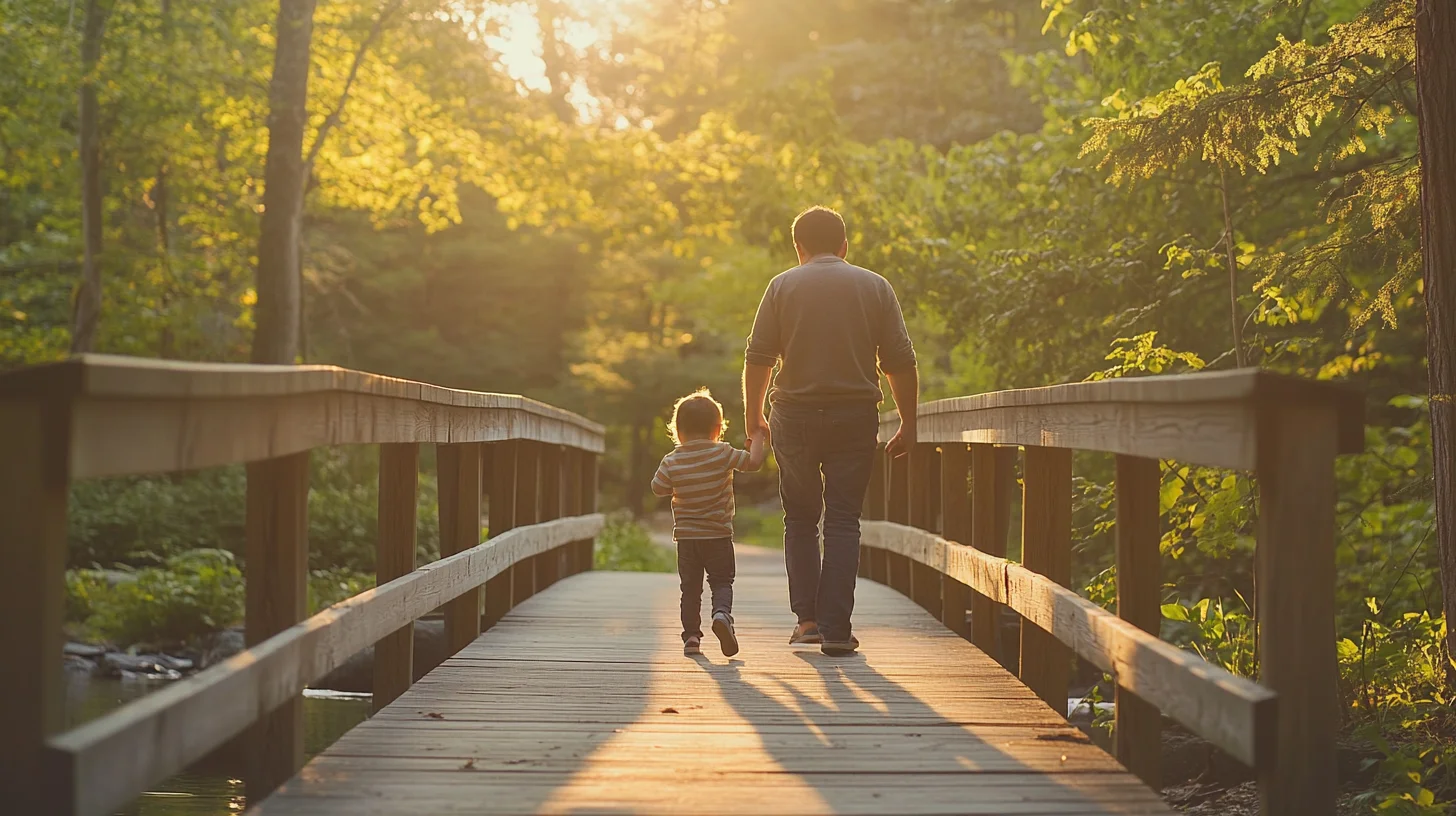 Family with a toddler crossing a wooden bridge at Norris Reservation in Norwell, Massachusetts