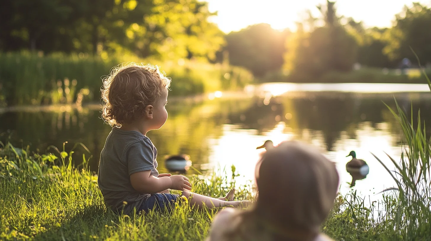 Toddler near the water's edge at Reed's Pond Park in Rockland, Massachusetts on a calm summer morning