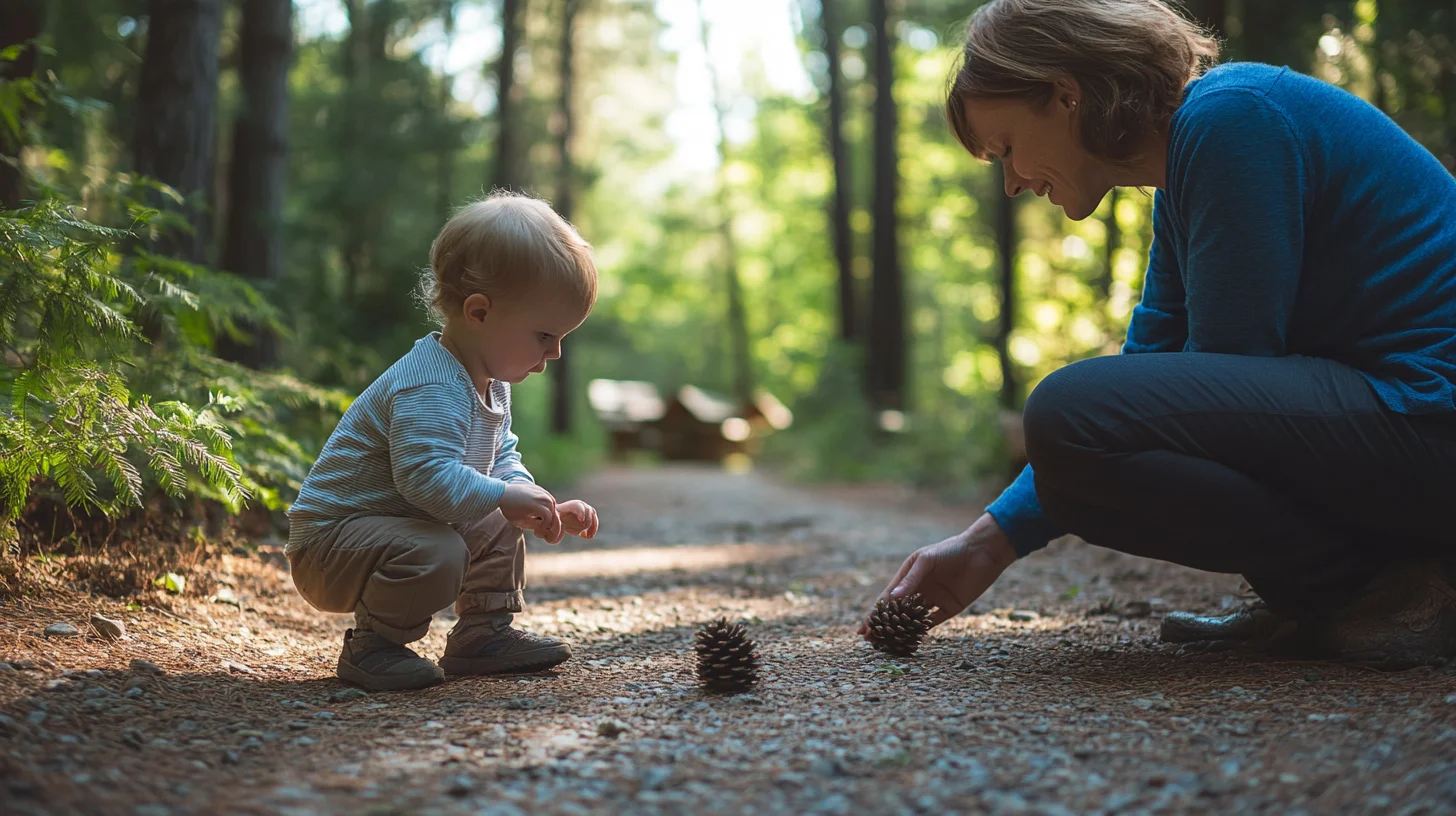 Toddler exploring a mulched path at Wompatuck State Park in Hingham, Massachusetts during a family portrait session